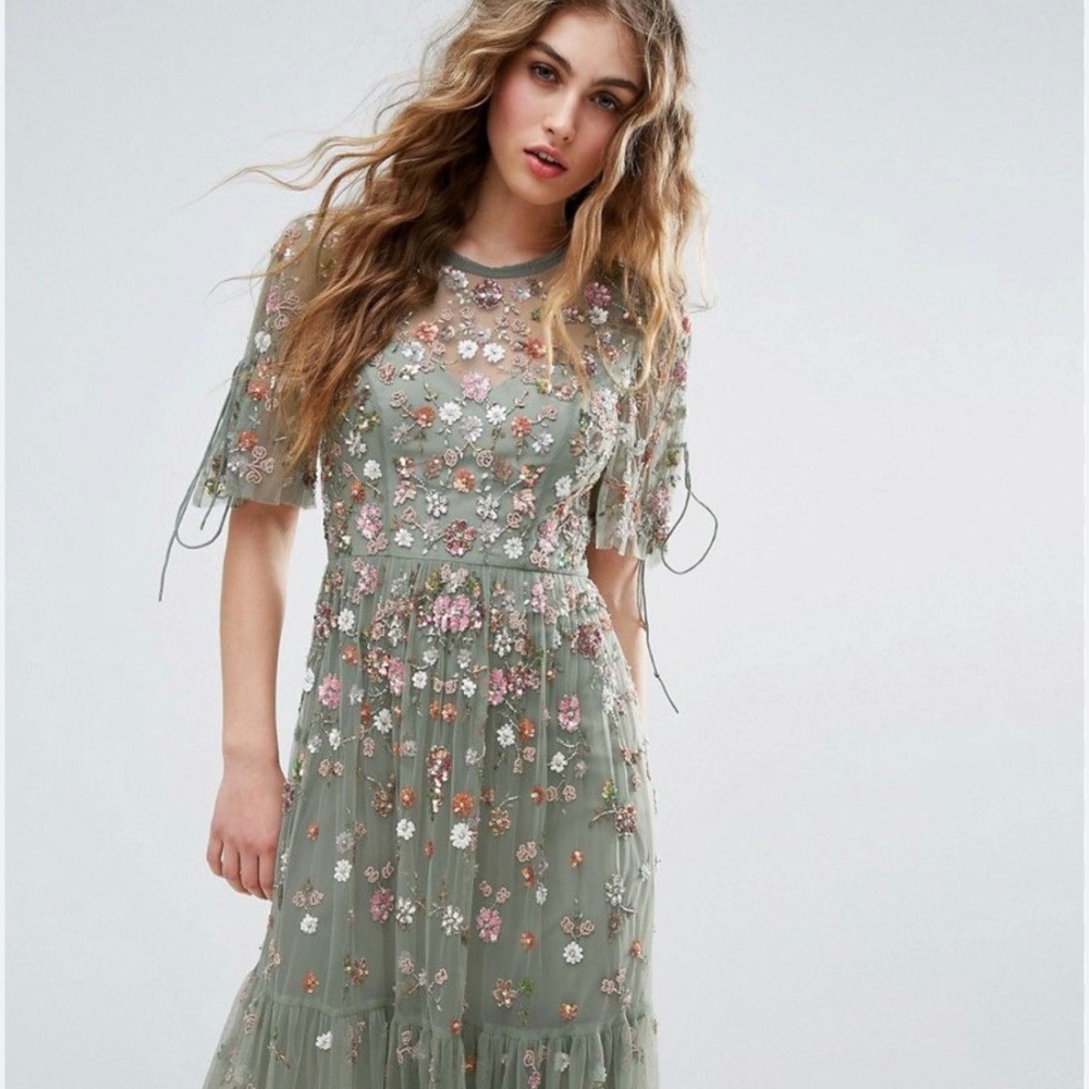 Needle & Thread Green Floral Botanical Beaded Bobi Ethereal Fairy Tulle Dress